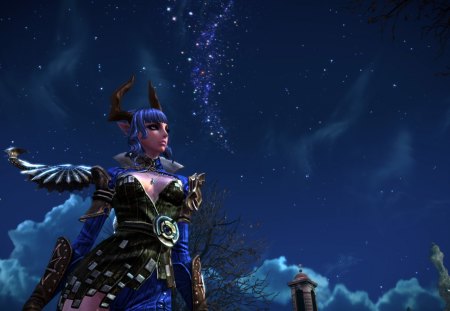 Tera - star, game, fantastic, warrior, blue, realm, girl, tera online, night, elf, fantasy, woman, princess, sky