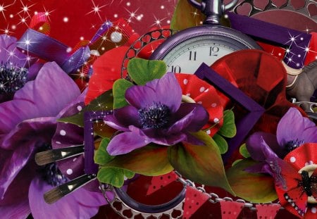 Romance on Time - toy horse, papillon, poppies, butterflies, clock, sparkles, fleurs, stars, flowers, purple, red, time, hearts, ribbons