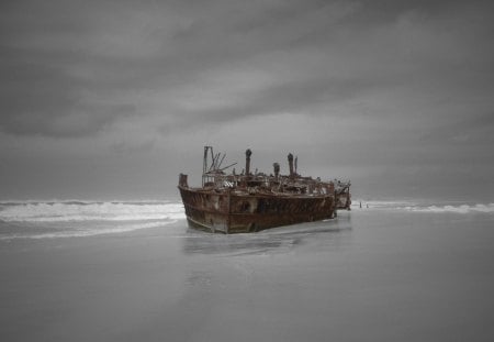 shipwreck in a grey sea - sky, sea, grey, waves, shipwreck