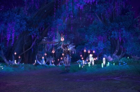 Tera - fantastic, rider, blue, realm, tera online, night, forest, light, horse, fantasy