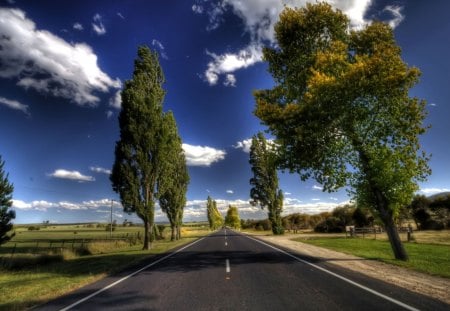 beautiful straight road in the country hdr - fields, trees, clouds, hdr, road