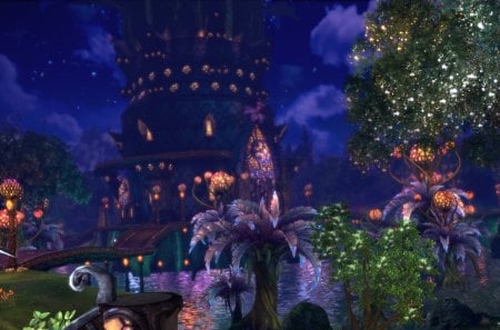 Tera - game, fantastic, water, tower, realm, tera online, night, light, tree, fantasy, fruit, exotique, bridge