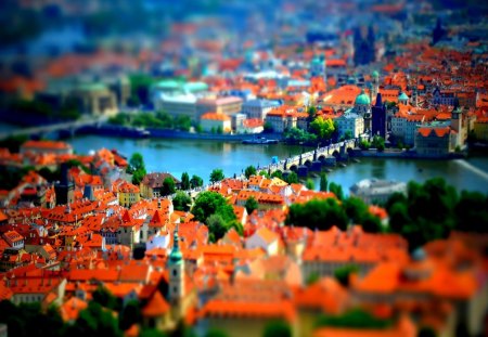 Roofs - pretty, summer, town, blue, roofs, reflection, view, red, lake, nice, houses, beautiful, city, lovely, river, nature, bridge