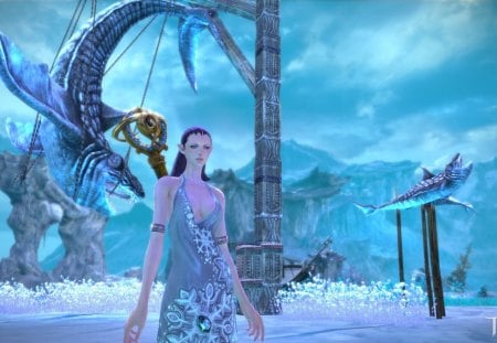 Tera - animal, winter, fantastic, game, elf, girl, blue, realm, warrior, fantasy, woman, tera online