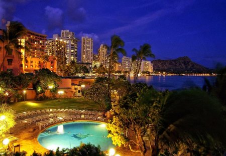 Waikiki at night - lights, beautiful, beach, relax, rest, amazing, ocean, vacation, pool, nature, pretty, evening, reflections, waters, dark, night, shore, blue, sky, holiday, dusk, reflection, hawaii, nice, lovely, sea, twilight, waikiki