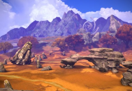 Tera - cloud, purple, pink, fantastic, canyon, game, blue, realm, sky, fantasy, orange, mountain, stone, tera online