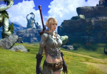 Tera - game, fantastic, warrior, realm, sword, tera online, fantasy, animal, cloud, princess, field