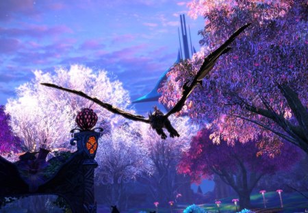 Tera - flower, fantastic, game, griffon, realm, wings, fantasy, bloom, tree, cloud, purple, animal, pink, bird, sakura, blue, sky, tera online