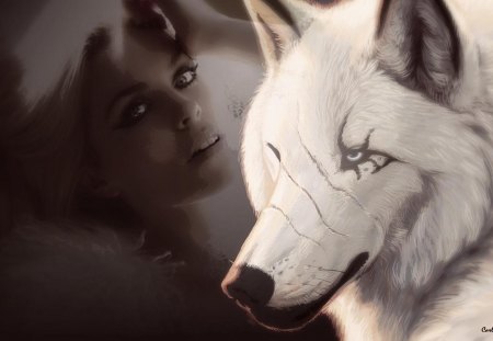 Two friends for life he protects her with his life and you can see that - fantasy, woman, wolf, painting, girl, dog, friends, art