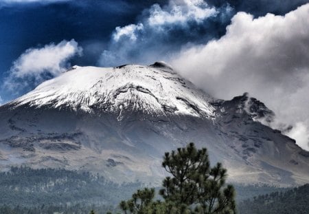 amazing volcano scape - snow, clouds, trees, volcano