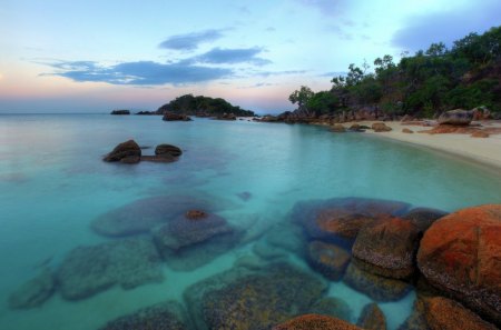 nice bach in australia at sundown - clear water, beach, stones, trees, sunset