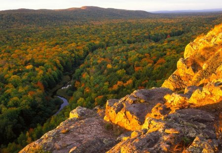 sunrise on a forest river valley - forest, mountains, rocks, river, valley