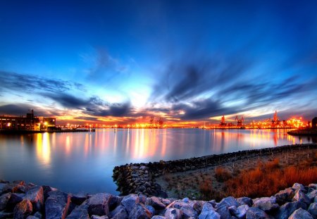 Plum Point park - sky, beach, dock, reflections, evening, river, clouds, dusk, ocean, park, night, summer, shore, nature, pier, plum point, twilight, city, waters, stones, sea, lights