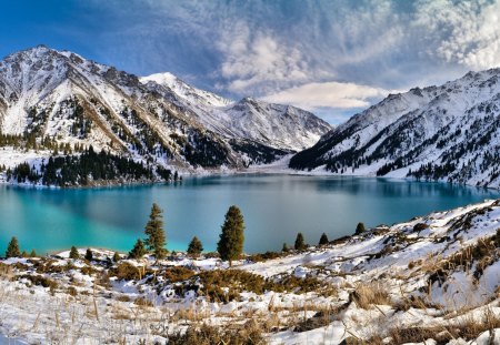 winter on a mountain lake - lake, mountain, trees, clouds, winter