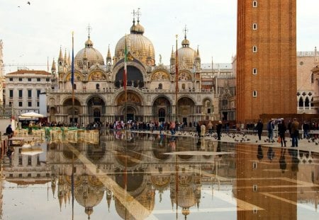 flooded piazza san marco in venice - cathedral, flood, piazza, people