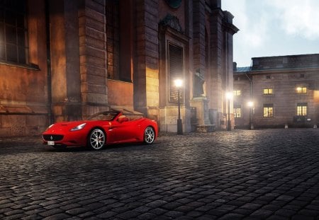 red ferrari cabrio - dusk, car, convertible, city, cobble stones