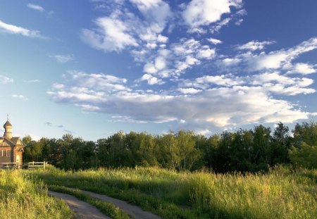 road to a small country church - road, clouds, forest, church