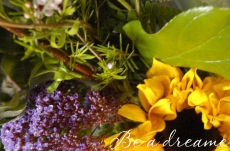 Be a dreamerâ™¥ - purple, flowers, love, yellow, sunflower, forever, fresh, bright, dreamer, lavender, nature, sunshine, green