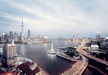 shanghi skyline - river, tower, lights, city, bridge