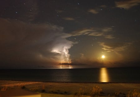 full house sky - moon, sky, stars, clouds, lightning, sea