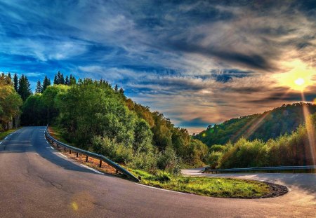 winding road - trees, popular, mountains, wallpaper, sunset, blue sky, road, nature, cloufs, winding, sunsets, winding road, landscapes