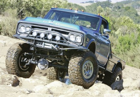 Fantastic Flatbed - truck, blue, rocks, classic