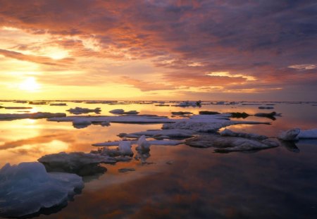 sunset on a sea of ice - ice, sunset, sea, clouds