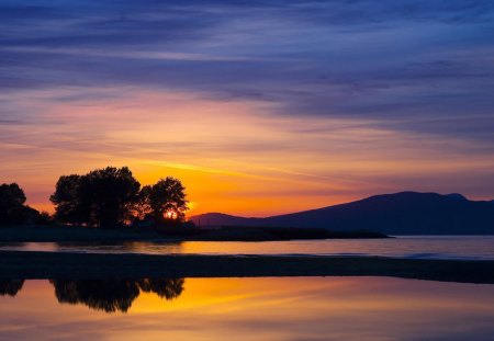 beautiful sunset - silhouette, bay, trees, sunset, mountain