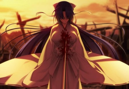 Minato Subaru - subaru minato, female, minato subaru, long hair, blood, blade, weapon, anime, sword, kimono, soukou akki muramasa