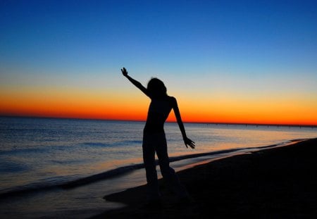 GIRL SILHOUETTE - dawn, horizon, shore, sunset, coast, sea, sky