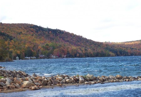 autumn #3 - maine, sky, autumn, lake, trees, industry, rocks, fall, leaves