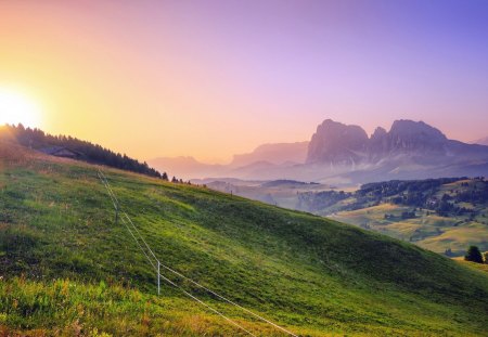 Landscape - summer, beautiful, grass, view, nature, sunset, mountains, path, summer time, rays, landscape, valley, beauty, pathway, sun, peaceful, sky, sunny, sunrays, sunlight, clouds, lovely, splendor, colors, sunrise, green