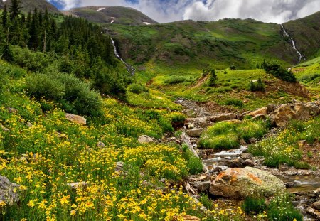 Splendor - waterfalls, splendor, landscape, flowers field, stream, grass, yellow flowers, flowers, view, field, field of flowers, sky, clouds, water, beautiful, beauty, lovely, river, nature, waterfall, green, mountains, peaceful, rocks