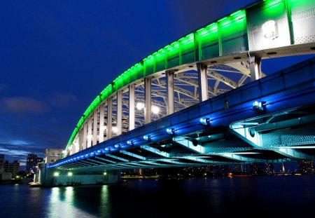 LIGHTED BRIDGE in JAPAN - river, harumi dori bridge, tokyo, bridge