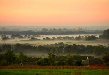 FOGGY MORNING - nature, morning, sky, fog, house, field