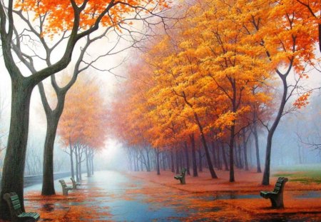 Autumn Painting - autumn, trees, sidewalk, bench, black, painting, benches, brown, fall, autumn painting, red, leaves, orange