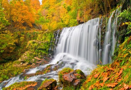 Autumn waterfall - falling, forest, rocks, foliage, beautiful, harmony, leaves, nature, mountain, colorful, stream, pretty, waterfall, waters, stones, calmness, nice, lovely, autumn fall, trees, colors