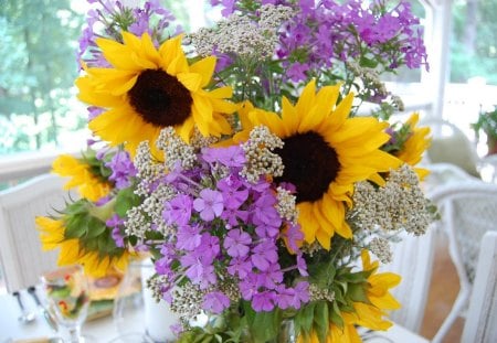 Happy day♥ - warm, sunflowers, yellow, lavender, forever, tiny flowers, together, friendship, love, soft violet, flowers, nature, purple, bright, complementary