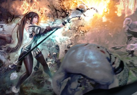 Mabinogi Heroes - sexy, hot, female, magic, fighter, anime girl, staff, fire, brown hair, war, cool, pony tail, battle, mbainogi heroes