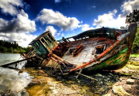 SHIP WRECK - river, ship, wreck, abandoned, hdr