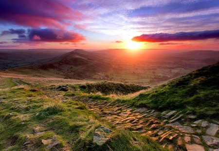 SUNSET - pathway, slope, valley, clouds, field, mountains