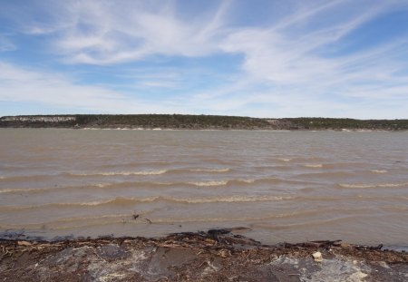 Windy Beach Day - beach, lake, rocks, sky, water