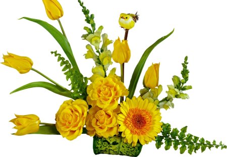 The Yellow Bunch - boquet, yellow, colour, leaves, fern, flowers, sunflower, carnations, orange, flower, petals, tulips, boquet of flowers, nature, green, bunch of flowers, bunch