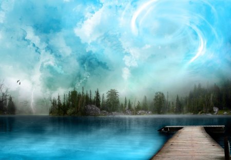 Blue skylight Dock - sky, trees, dock, water, wood, painting, clouds, green, bridge, cloud swirl, lake, daylight, day, nature, glow, blue, photoshop, tranquil, oil paint style