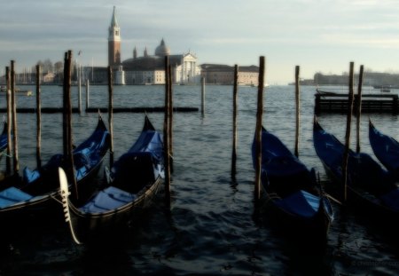 Gondolas - sky, gondola, venice, water, waves, reflection, blue, color, old