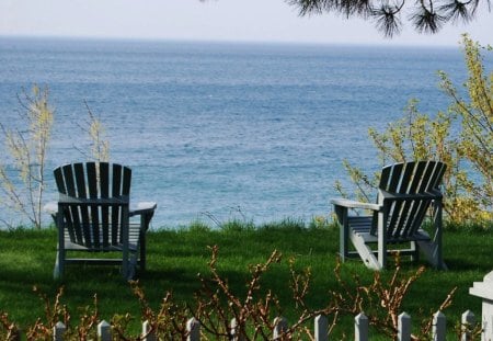 	Muskoka Chairs - chairs, grass, sea