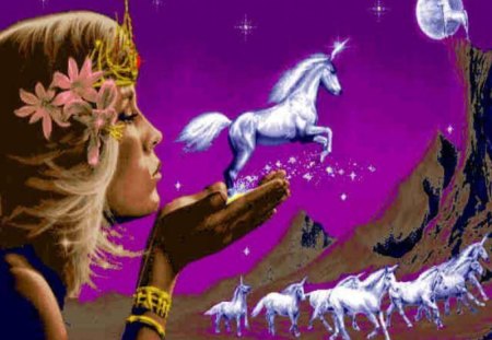 Wishing on a unicorn - moon, lady, unicorns, wish, night