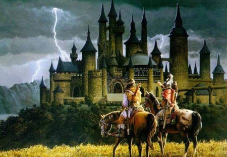 Lightning Castle - horses, riders, castle, lightning