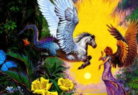 Pegasus and an Angel - flowers, butterfly, sunshine, pegasus, angel