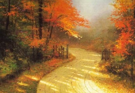 Winding Trail - trees, trail, mist, autumn colours, fence, art